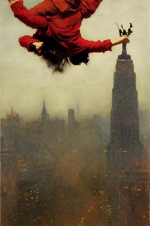 Prompt: a young man flying through new york city. his hands stretched to the side. a floating circus in the background. art by ilya repin.