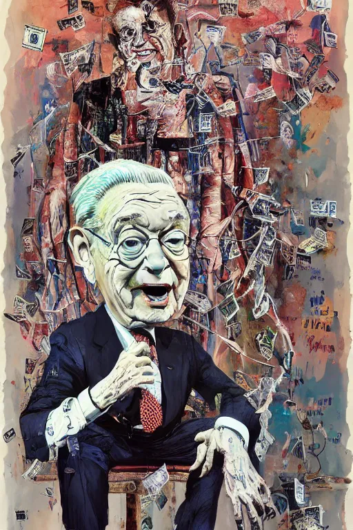 Image similar to George Soros full body shot, dollar bills Body horror, biopunk, by Ralph Steadman, Francis Bacon, Hunter S Thompson