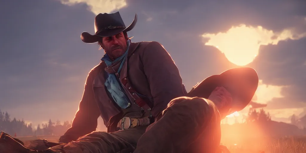 Image similar to Arthur Morgan lays on the ground dying of tuberculosis and watches the rising sun, cgsociety, artstation, cinematic