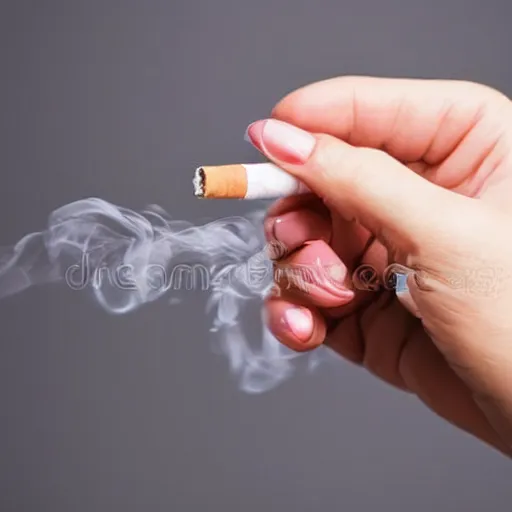 Prompt: Close-up of highly realistic female hand holding cigarette with smoke, white background, 4K, stock photo