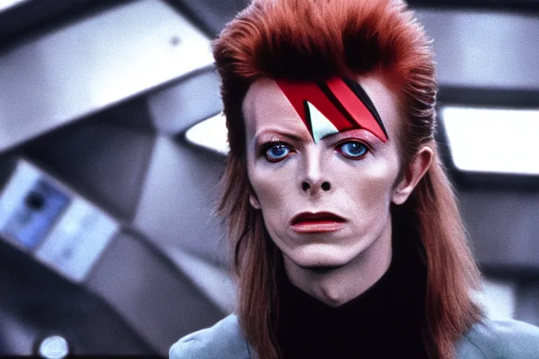 Image similar to a young David Bowie on the bridge of a starship, movie still,color,70mm