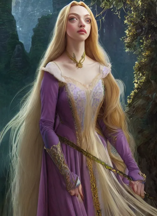 Prompt: amanda seyfried as the rapunzel princess, d & d, fantasy, intricate, elegant, highly detailed, digital painting, artstation, concept art, matte, sharp focus, illustration, art by artgerm and greg rutkowski and alphonse mucha, masterpiece, stunning, artstation