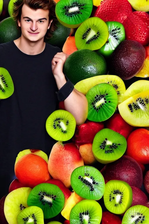 Image similar to 📷 joe keery the kiwi fruit 🥝, made of food, head portrait, dynamic lighting, 4 k