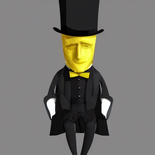 Image similar to a highly detailed portrait of a man in a high top hat covering his face, in a black tailcoat with a yellow waistcoat under the tailcoat, artstation, deviantart, professional, unreal engine 5, photorealistic