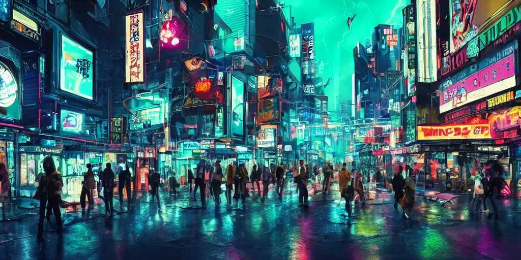 Image similar to a cyberpunk style busy city Main Street with neon signs, stormy weather, futuristic flying cars, and many people