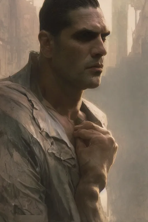 Image similar to peter steele from type o negative hyperrealistic portrait, bladerunner street, art of elysium by jeremy mann and alphonse mucha and greg rutkowski, fantasy art, photo realistic, dynamic lighting, artstation, poster, volumetric lighting, very detailed face, 4 k, award winning