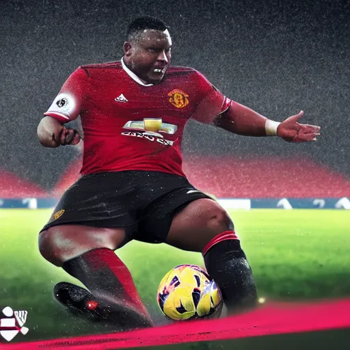 Image similar to morbidly obese men playing for man united, photorealistic, 4 k, dramatic, sharp focus