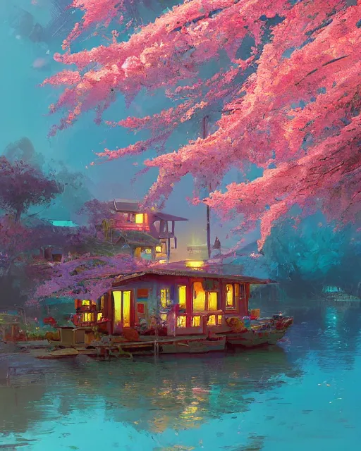 Prompt: a houseboat by a small fishing village on the river | cherry - blossoms | highly detailed | very intricate | serene romantic fantasy whimsical magical | professional cinematic lighting | dusk | studio ghibli | award - winning | matte painting by anton fadeev and paul lehr and rhads and alena aenami | pastel color palette | featured on artstation
