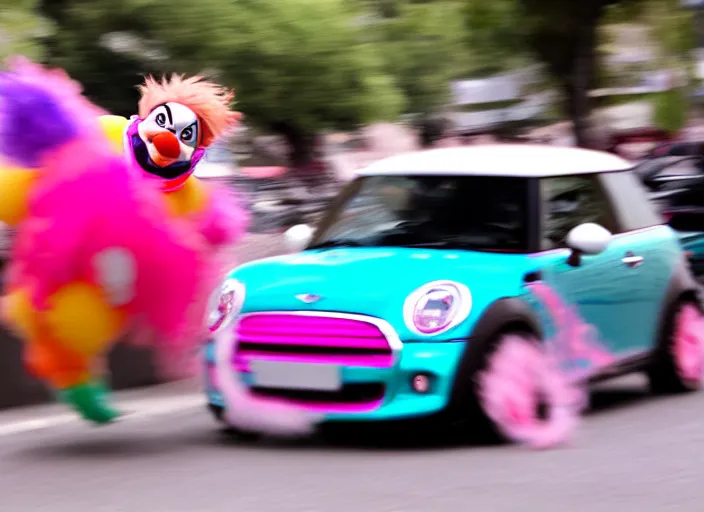 Prompt: A clown driving a pink Mini Cooper through an anime convention, motion blur, photo