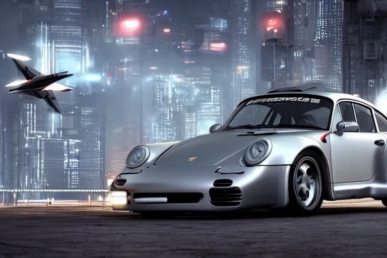 Image similar to porsche 9 5 9 rwb cyberpunk fighter jet flying over a city, back to the future flux capacitor, a hyper - futuristic detailed matte painting by zack snyder, trending on cg society, auto - destructive art, vray tracing, unreal engine 5, reimagined by industrial light and magic