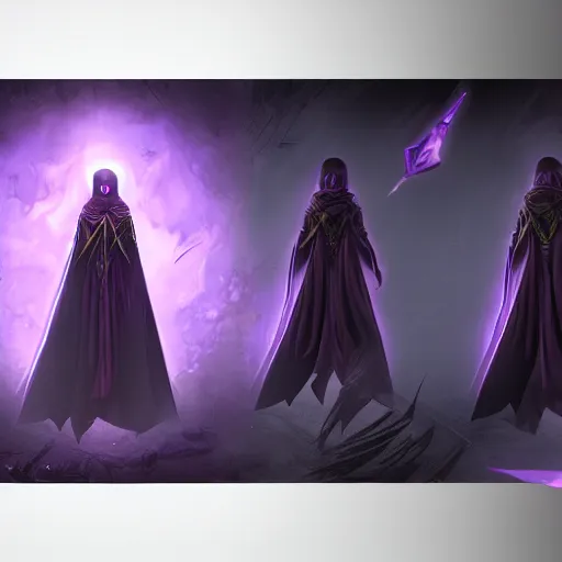 Image similar to female warlock long hood cloak purple, fighting monster with magic, 8 k, trending on artstation by tooth wu