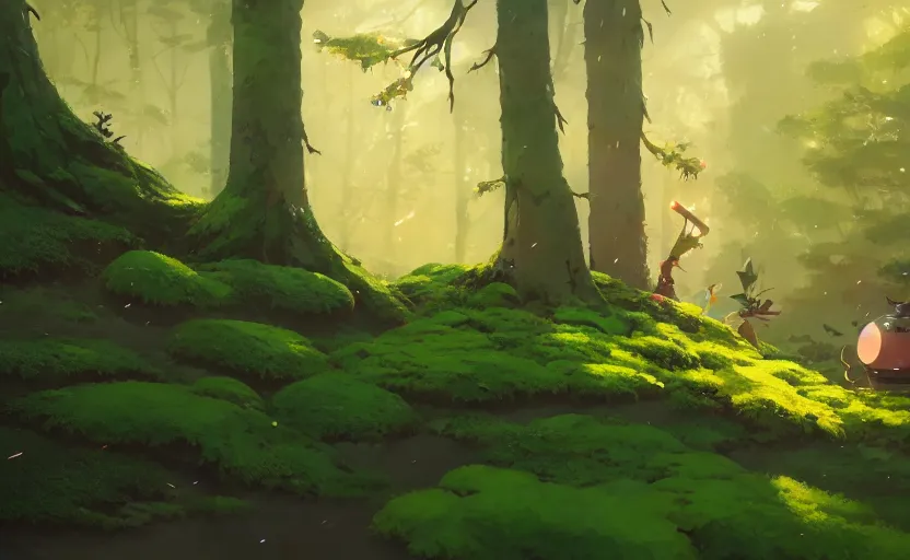 Image similar to fantasy forest with moss - covered machines, cory loftis, james gilleard, atey ghailan, makoto shinkai, goro fujita, studio ghibli, rim light, exquisite lighting, clear focus, very coherent, plain background, soft painting