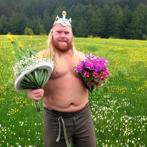 Prompt: happy male chubby blonde viking wearing a helmet dancing around in meadow holding a bunch of flowers in the style of rutkowski