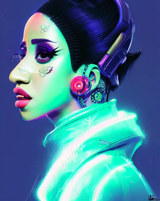 Image similar to detailed side profile portrait of Cardi B, cyberpunk futuristic neon, reflective puffy coat, decorated with traditional Japanese ornaments by Ismail inceoglu dragan bibin hans thoma greg rutkowski Alexandros Pyromallis Nekro Rene Maritte Illustrated, Perfect face, fine details, realistic shaded, fine-face, pretty face