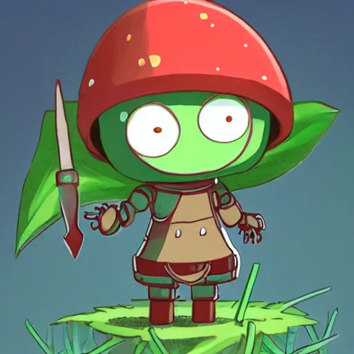 Image similar to cute little robot with tomato hat with a leaf, and sword with chive shape, made in abyss style, standing on a forest