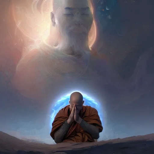 Prompt: A monk praying to the cosmos for inner peace, digital art, artstation, dramatic lighting, intricate, wild, highly detailed, digital painting, artstation, concept art, smooth, sharp focus, illustration, art by artgerm and greg rutkowski