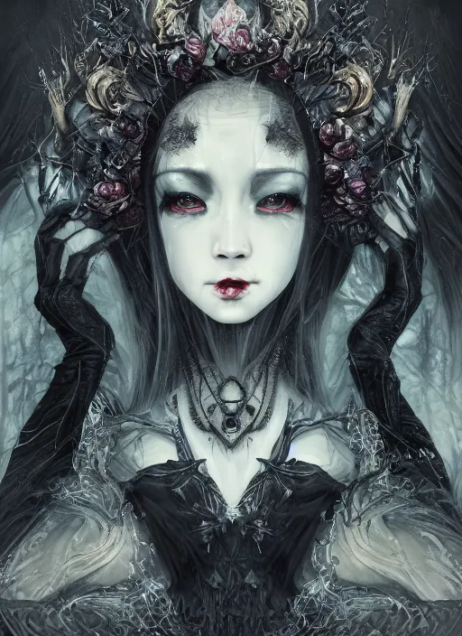 Image similar to breathtaking detailed art portrait painting of evil fantasy sorceress vampire, dark castle setting, with anxious, piercing eyes, amalgamation of spells, by Hsiao-Ron Cheng, James jean, Miho Hirano, Hayao Miyazaki, extremely moody lighting, Black paper, cut paper texture, Full of light-blue and silver and white layers, 8K, intricate detail, cgsociety, hyperrealistic, octane render, RPG portrait, ambient light, dynamic lighting