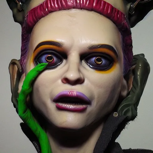 Prompt: ultra realistic painted sculpture of a very beautiful and attractive tank girl. waxwork. cinematic makeup. detailed lifelike. full body. jamie hewlett. beautiful. very attractive. wow. stunning. punk. comic