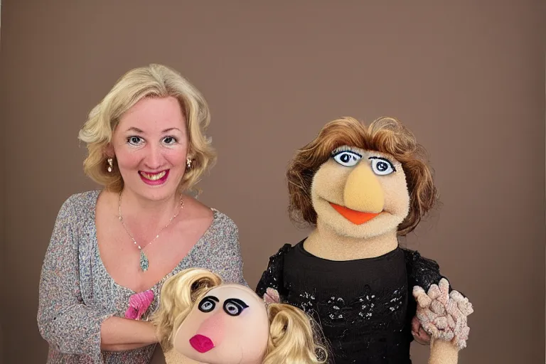 Prompt: Catherine Austin Fitts as a Muppet, portrait shot, photographic studio