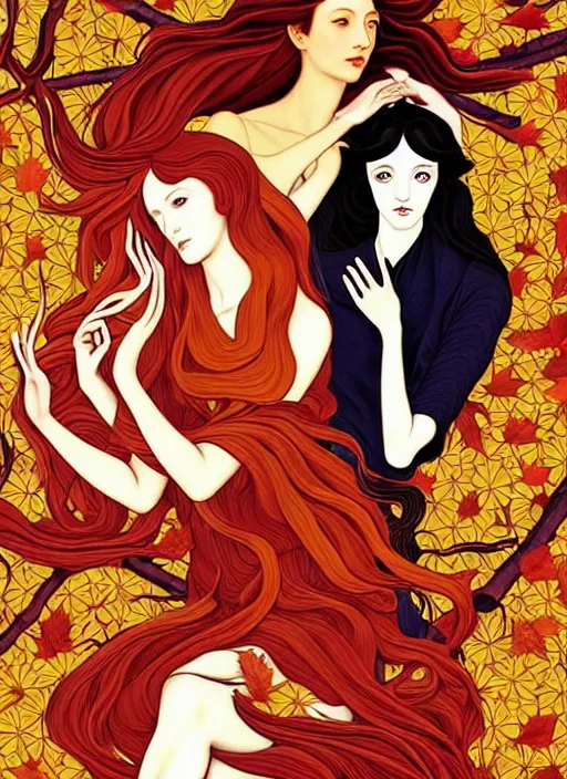 Prompt: 3 Autumn Muses symbolically representing September, October, and November, in a style blending Æon Flux, Peter Chung, Shepard Fairey, Botticelli, Ivan Bolivian, and John Singer Sargent, inspired by pre-raphaelite paintings, shoujo manga, and cool Japanese street fashion, dramatic autumn landscape, leaves falling, deep warm high contrast tones, hyper detailed, super fine inking lines, ethereal and otherworldly, 4K extremely photorealistic, Arnold render