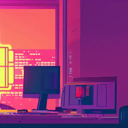 Prompt: a man sitting at a desk in front of a computer, cyberpunk art by james gilleard, behance contest winner, computer art, retrowave, darksynth, synthwave