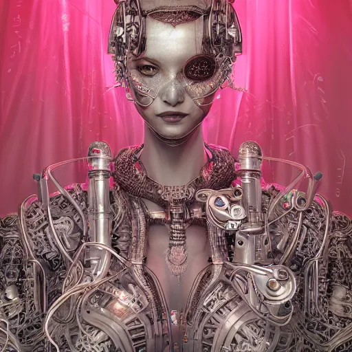 Prompt: the portrait of an absurdly graceful, sophisticated, fashionable ottomanpunk robotess idol, an ultrafine hyperdetailed illustration by kim jisu, intricate linework, neon wiring, porcelain skin, unreal engine 5 highly rendered, global illumination, radiant light, detailed and intricate environment, by rutkowski, artgerm, marvel comics