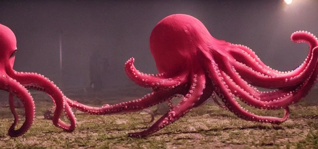 Image similar to an octopus in the shape of a clown, foggy, cinematic shot, photo still from movie by denis villeneuve, wayne barlowe