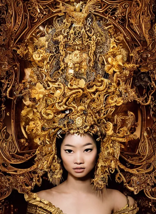 Prompt: a portrait of pan - asian female by stefan geselle and nekro borja, photorealistic, intricate details, hyper realistic, fantasy, elegant, baroque gold headpiece, photorealistic, canon r 3, photography, wide shot, symmetrical features, symmetrical pose, wide angle shot, head to toe, standing pose, feet on the ground, wearable art