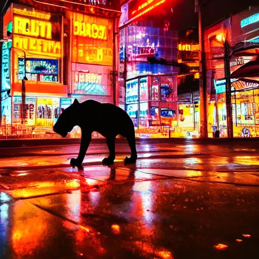 Image similar to a high quality low wide angle photo of a panther on the streets of a cyberpunk city, rainy, reflective ground, neon lights, realism, 8k