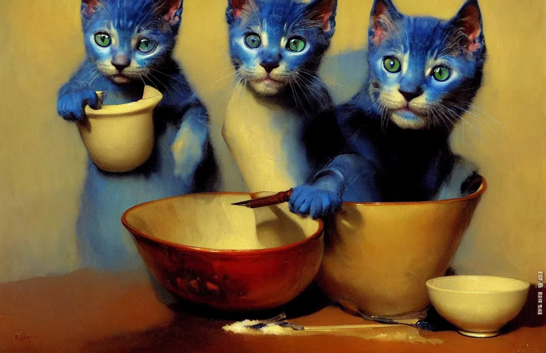 Prompt: portrait of a blue kitten draws a bowl with milk with a brush, warm lighting, light room, detailed face, detailed painting, epic lighting, by ilya repin, phil hale and kent williams