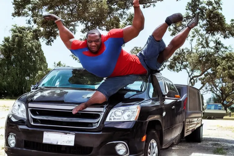 Prompt: a very large man with very strong muscles using both of his hands to hold a vehicle over his head