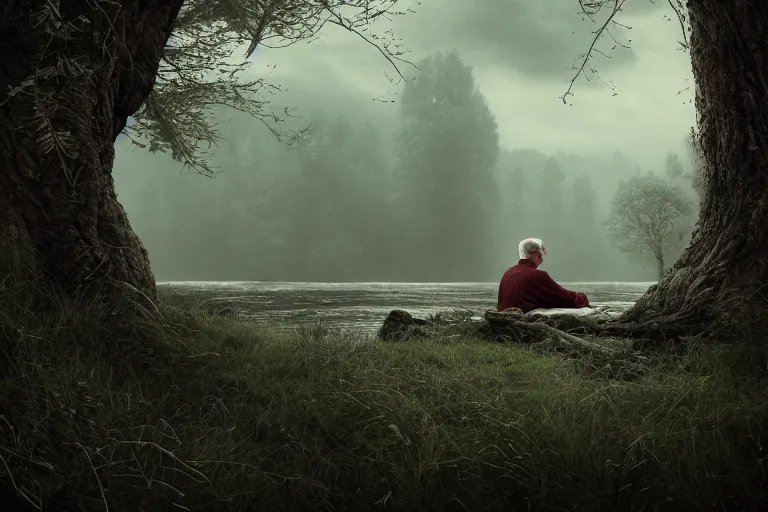 Prompt: an ultra realistic, cinematic, headshot portrait, of an old man with red short hair and tattoos, branches, facial features, background of a vast serene landscape, with trees and rivers, detailed, deep focus, movie still, dramatic lighting, ray tracing, by michal karcz and yoshitaka amano