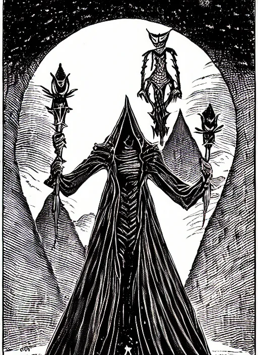 Image similar to the flatwoods monster as a d & d monster, full body, pen - and - ink illustration, etching, by russ nicholson, david a trampier, larry elmore, 1 9 8 1, hq scan, intricate details, inside stylized border