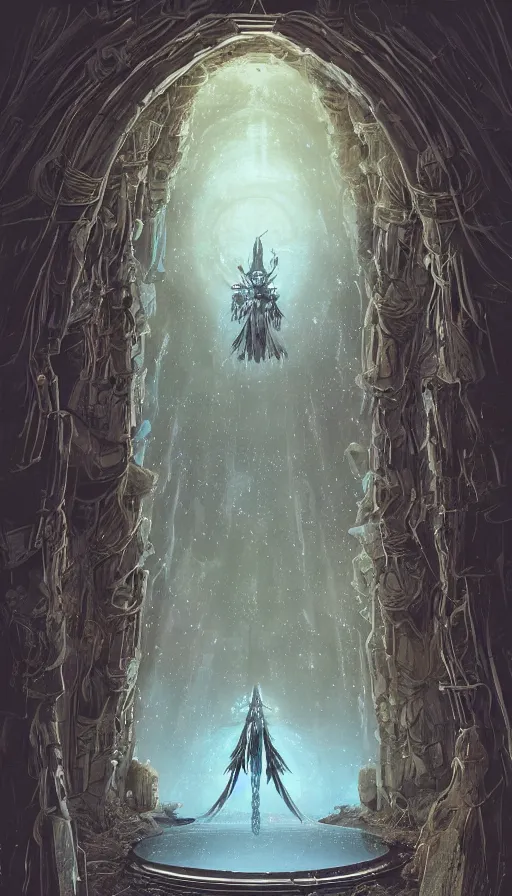 Prompt: goddess of illusion, beautiful, stunning, breathtaking, mirrors, glass, magic circle, magic doorway, fantasy, mist, bioluminescence, hyper - realistic, unreal engine, by ian mcque