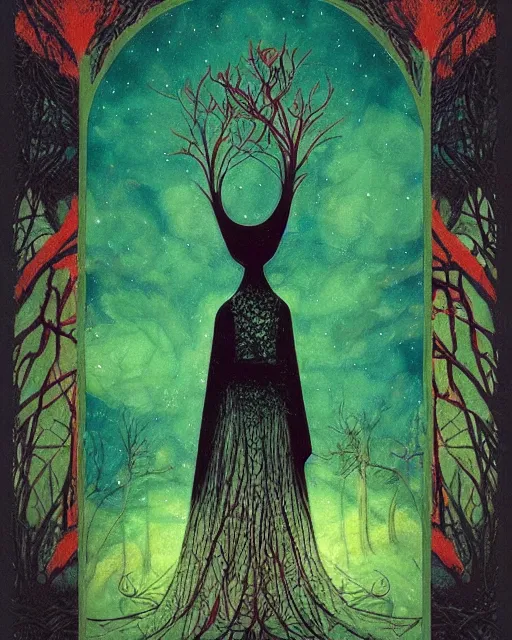 Image similar to tarot card, haunted woods, Art nouveau, by andy kehoe