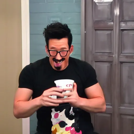 Image similar to markiplier drinking milk, spilling everywhere, overconsumption