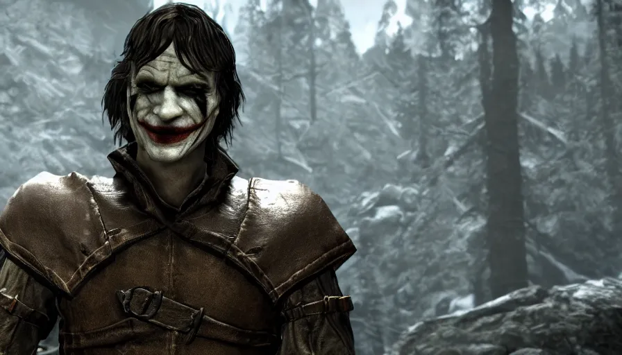 Image similar to close - up skyrim character screenshot of the joker talking to you, enb, 4 k, bokeh, beautiful, detailed