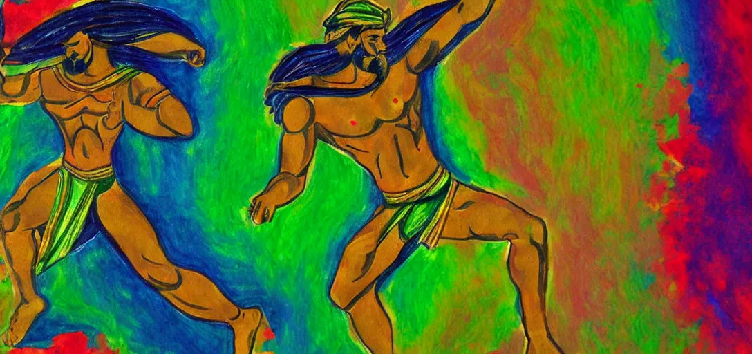 Image similar to an abstract spiritual background, a multiracial greek god dancing, green eyes. high contrast lines, great detail. 2 4 mm, photorealistic, saturated color scheme