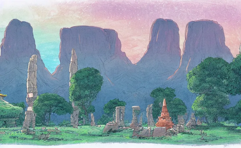 Prompt: a cell - shaded studio ghibli concept art from paprika ( 2 0 0 6 ) of a multi - colored spaceship from close encounters of the third kind ( 1 9 7 7 ) in a lush temple that looks like monument valley stonehenge jungle. a caravan is in the foreground. very dull colors, portal, hd, 4 k, hq