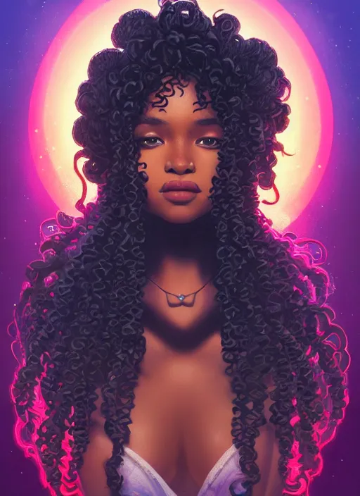 Image similar to beautiful black girl with long curly hair, cute, intricate, highly detailed, retrowave epic art, digital painting, trending on artstation, concept art, smooth, sharp focus, backlit, rim light, vivid colors, illustration, unreal engine 5, 8 k, art by rossdraws and alphonse mucha