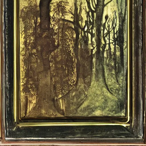 Image similar to a dark forest, daguerreotype by pontormo, by gustave moreau, by Mackintosh, by schiele, art noveau, highly detailed, strong lights, liminal, eerie, Bright pastel colors