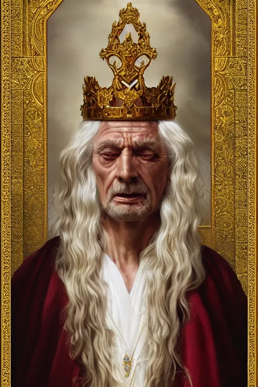 Image similar to Portrait of historically accurate, ancient biblical, sultry, sneering, evil, pagan, old kindah kingdom king, wearing gilded red royal robes, long white hair, intricate, elegant, highly detailed, digital painting, artstation, concept art, smooth, sharp focus, illustration, art by artgerm and greg rutkowski and alphonse mucha and andrei riabovitchev