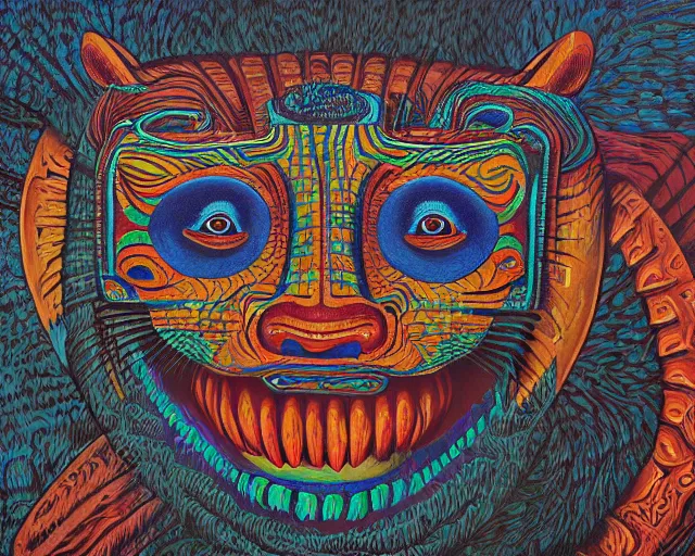 Image similar to a detailed acrylic painting of mayan jaguar warrior, the artist is charles burns, alex grey, cut out collage 1 9 7 6.