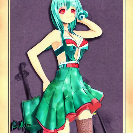 Prompt: Hatsune Miku full body pin up modeling in idol unioform, with a park in the back ground, post war style, detailed face, watercolor art style, by Gil Elvgren