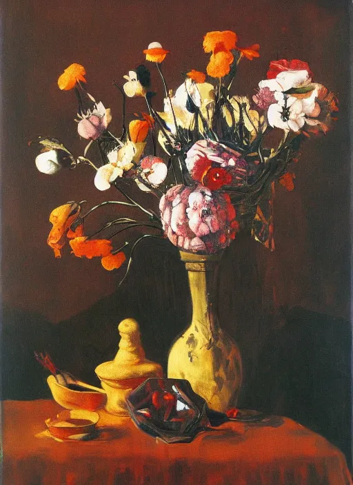 Prompt: a surreal painting of a breakfast still life, vase of flowers, by George Baselitz, symbolist, soft colors, dramatic lighting, smooth, sharp focus, extremely detailed, aesthetically pleasing composition