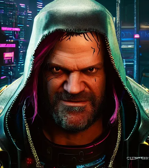 Image similar to cyberpunk 2 0 7 7, charismatic rugged male battle kelsey grammer - mage portrait, clothed in hooded, metal - plated battle armor atmospheric lighting painted intricate volumetric lighting, beautiful, sharp focus, ultra detailed by leesha hannigan, ross tran, thierry doizon, kai carpenter, ignacio fernandez rios