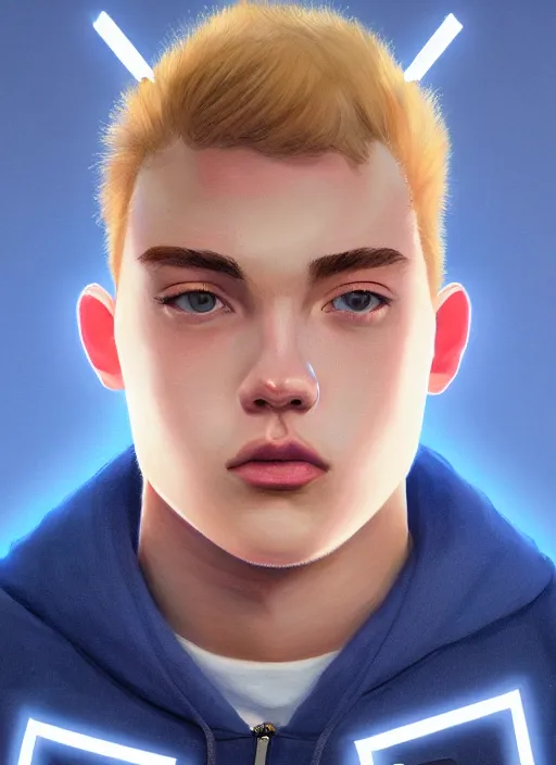 Image similar to portrait of high school senior boy named big moose, blonde short hair, jock, beefy, wide face, square jaw, square facial structure, blue varsity jacket with letter r, intricate, elegant, glowing lights, highly detailed, digital painting, artstation, concept art, sharp focus, illustration, art by wlop, mars ravelo and greg rutkowski