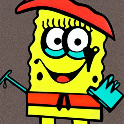 Image similar to spongebob squarepants cartoon character holding a kitchen knife, childish crayon art