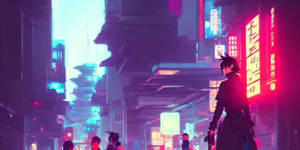 Image similar to digital illustration closeup portrait of cyberpunk samurai in city street at night by makoto shinkai, ilya kuvshinov, lois van baarle, rossdraws, basquiat | afrofuturism, in the style of hearthstone, trending on artstation | cool color scheme