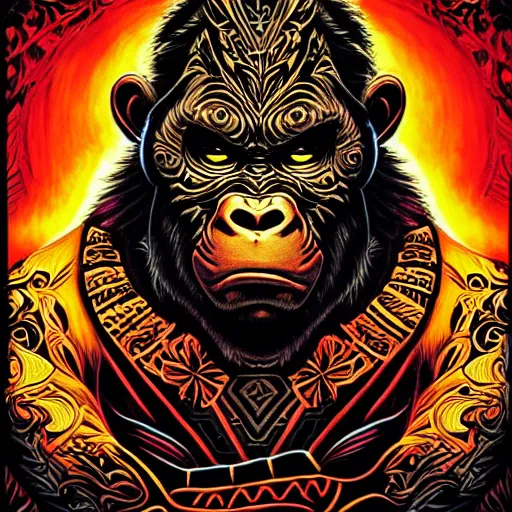 Image similar to barong family member, wiwek, mara demon, one single tribe member, jungle, one single mask, dark, ancient warrior, gorilla, lizard, tribal, inner glow, art by dan mumford and justin gerard